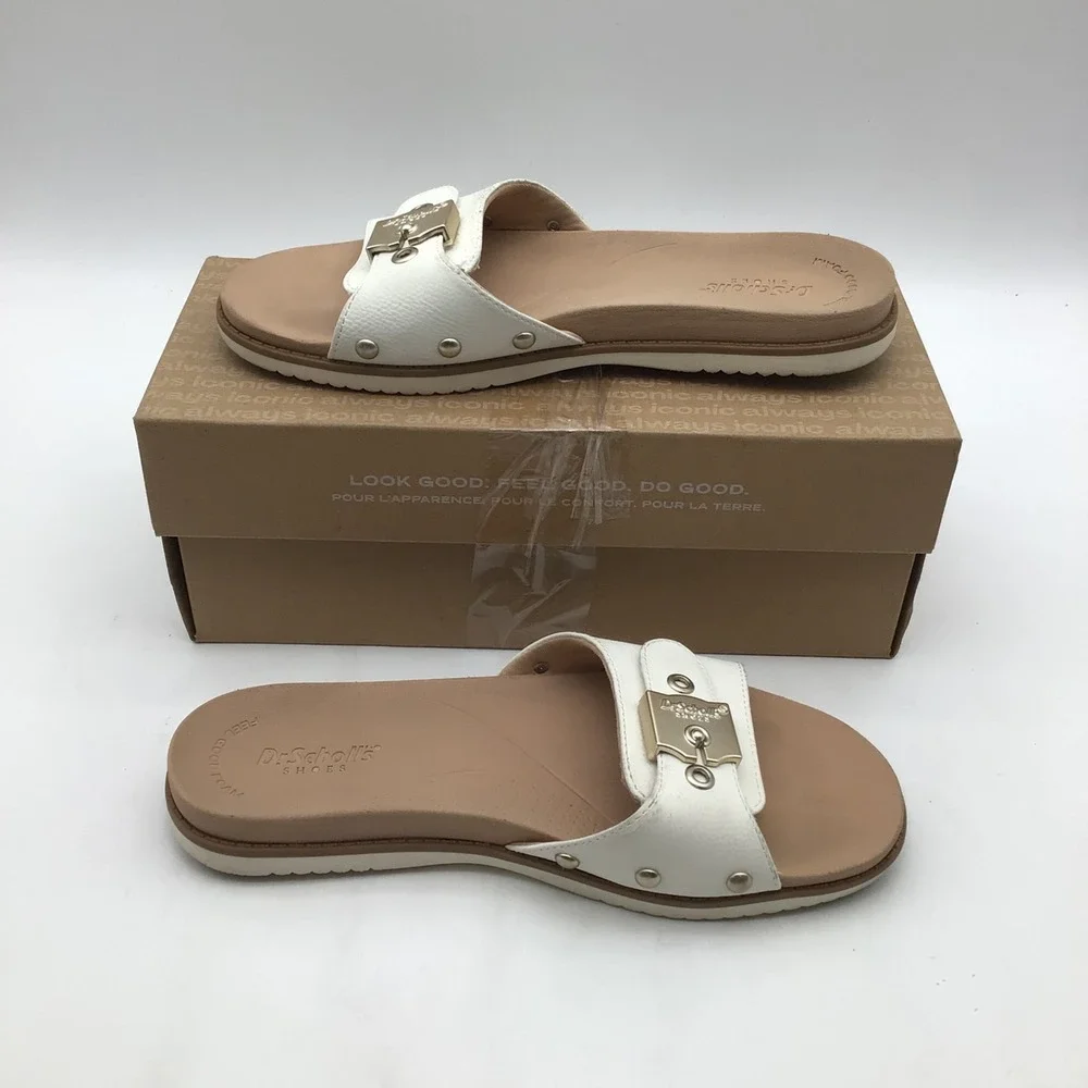 Dr Scholls So Original White Slide Sandals Buckle Studs Womens Size 7 M‎